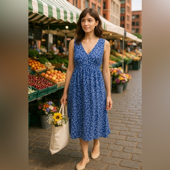 Y2K Vintage Eddie Bauer Cotton Babydoll Midi Dress L Blue Minimalist Cottagecore - Picture 8 of 12